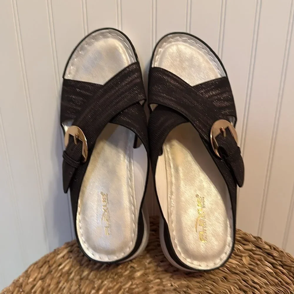 Flexus Italian Comfort by Spring Step  Women's Persemia Black Slide Sandals - B7